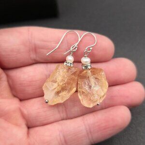 Sterling Silver Rough Citrine Stone With Pearl Earrings A6344